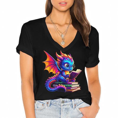 Dragon Reading a Book Bookworm Book Lover Women's Jersey Short Sleeve Deep V-Neck Tshirt				 - Bookorys