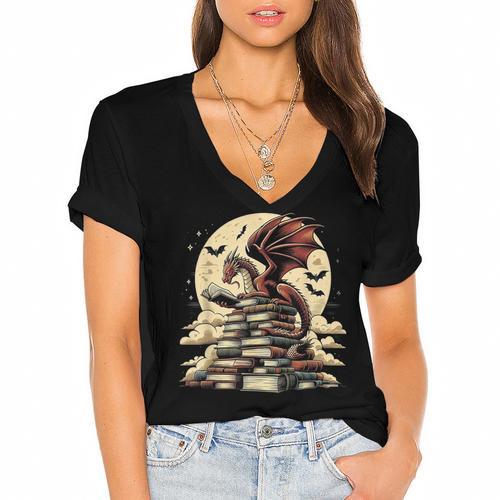 Dragon Reading a Book Dragons And Books Lover Bookworm Women's Jersey Short Sleeve Deep V-Neck Tshirt - Bookorys
