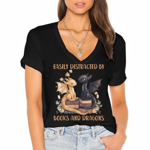 Easily Distracted By Books & Dragons Librarian Book Lover Women's Jersey Short Sleeve Deep V-Neck Tshirt				 - Bookorys DE