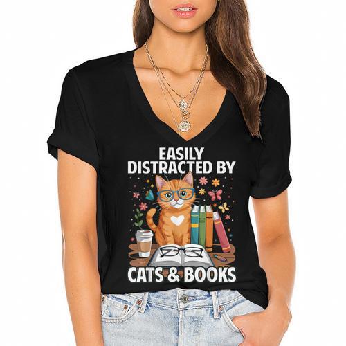 Easily Distracted By Cats And Books Book Lover Cat Women's Jersey Short Sleeve Deep V-Neck Tshirt				 - Bookorys