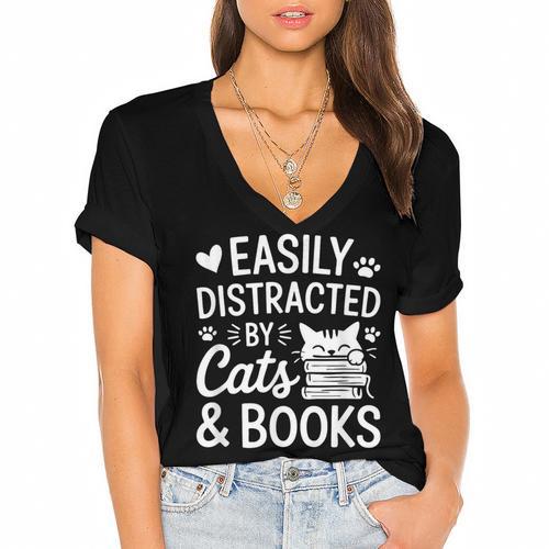 Easily Distracted By Cats And Books Reading Apparel Women's Jersey Short Sleeve Deep V-Neck Tshirt				 - Bookorys AU