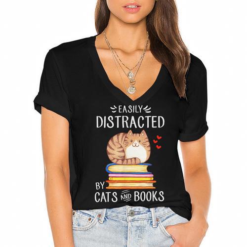 Easily Distracted By Cats And Books Reading Lover Bookish Women's Jersey Short Sleeve Deep V-Neck Tshirt				 - Bookorys AU