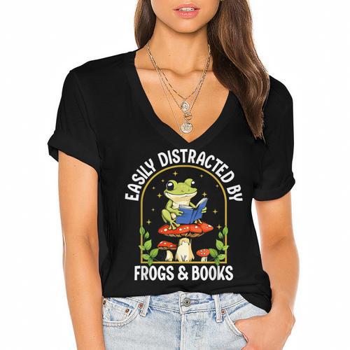 Easily Distracted By Frogs And Books Women's Jersey Short Sleeve Deep V-Neck Tshirt				 - Bookorys AU
