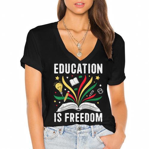 Education Is Freedom Books History Teacher Kids Women's Jersey Short Sleeve Deep V-Neck Tshirt				 - Bookorys UK