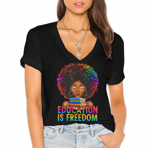 Education Is Freedom Teacher Books History Month Women's Jersey Short Sleeve Deep V-Neck Tshirt - Bookorys AU