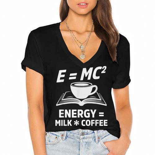 EMC2 Energy Milk x Coffee Science Book Math Lover Women's Jersey Short Sleeve Deep V-Neck Tshirt - Bookorys UK