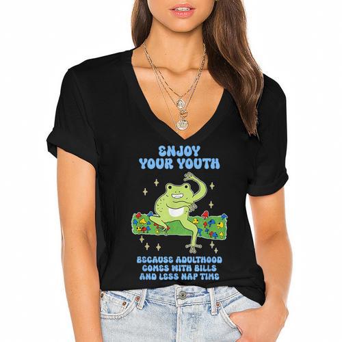 Enjoy Adulthood Comes With Bills Nostalgia Regret Women's Jersey Short Sleeve Deep V-Neck Tshirt - Figerry