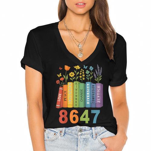 Equal Rights Book Flower Resist 86 47 Feminist Women Rights Women's Jersey Short Sleeve Deep V-Neck Tshirt				 - Bookorys