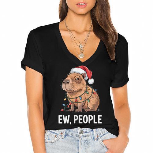 Ew People Capybara Christmas Lights Introvert Humor Women's Jersey Short Sleeve Deep V-Neck Tshirt - Raresse