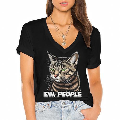 Ew People Cat Tabby Cat Antisocial Grumpy Introvert Women's Jersey Short Sleeve Deep V-Neck Tshirt				 - Raresse