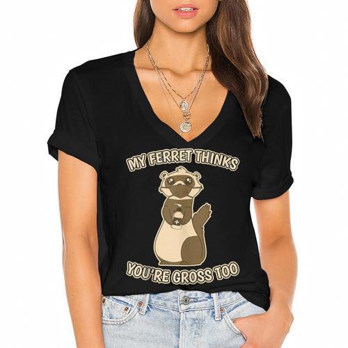 Ew People Ferret Saying Mask Introvert Ferrets Women's Jersey Short Sleeve Deep V-Neck Tshirt - Raresse