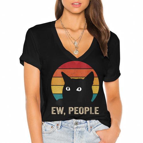 Ew People Introvert Cat Lover Cat Lady Vintage Women's Jersey Short Sleeve Deep V-Neck Tshirt - Raresse