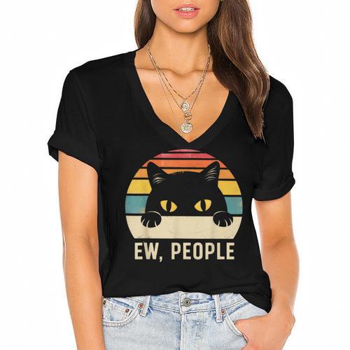 Ew People Retro Cat Vintage Anti-Social Introvert Women's Jersey Short Sleeve Deep V-Neck Tshirt - Raresse