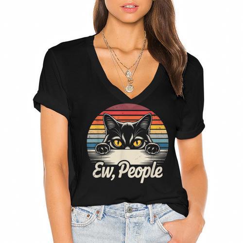 Ew People Retro Cat Vintage Anti Social Introvert Women's Jersey Short Sleeve Deep V-Neck Tshirt				 - Raresse