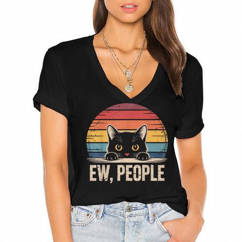Ew People Retro Vintage Anti Social Cat Introvert Women's Jersey Short Sleeve Deep V-Neck Tshirt				 - Raresse