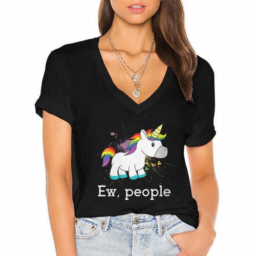 Ew People Unicorn Lover Introvert Rainbow Unicorn Women's Jersey Short Sleeve Deep V-Neck Tshirt				 - Raresse