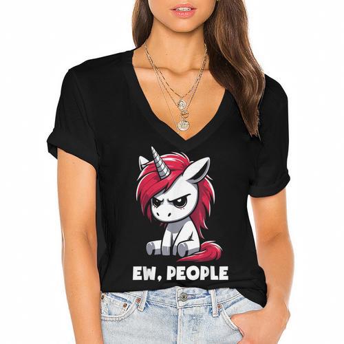 Ew People Unicorn Sarcastic Humor Introvert Women's Jersey Short Sleeve Deep V-Neck Tshirt - Raresse