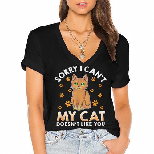 Excuse For Introverts My Cat Doesnt Like You Cat Women's Jersey Short Sleeve Deep V-Neck Tshirt				 - Raresse