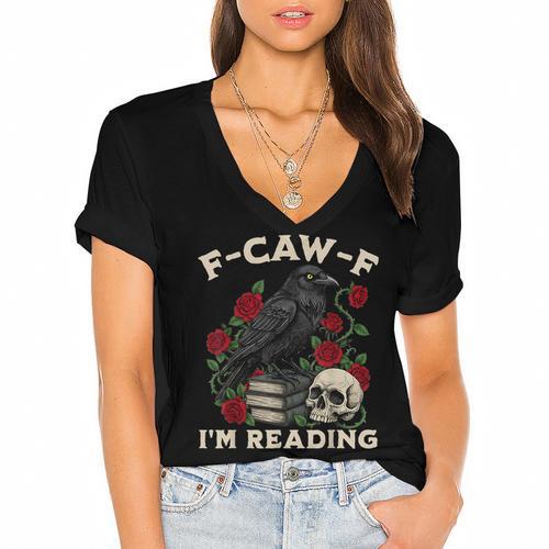 F-CAW-F I'm Reading Crow Book Lover Introvert Meme Women's Jersey Short Sleeve Deep V-Neck Tshirt - Bookorys CA