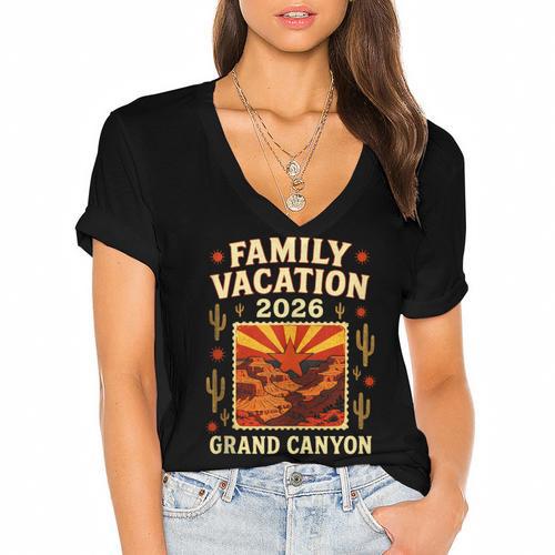Family Vacation Grand Canyon 2026 Nostalgia Women's Jersey Short Sleeve Deep V-Neck Tshirt - Figerry