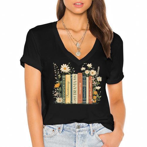 Fantasy Drama Tragedy Book Floral Subtle Women's Jersey Short Sleeve Deep V-Neck Tshirt - Bookorys