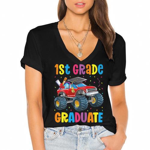 First Grade Graduation Monster Truck 1st Grade Graduate Women's Jersey Short Sleeve Deep V-Neck Tshirt				 - Best Gift Smart
