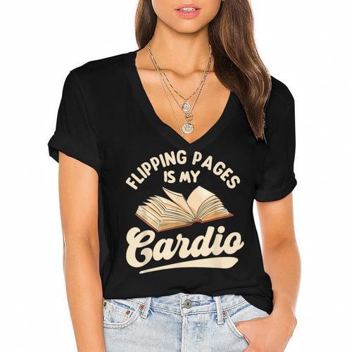 Flipping Pages Is My Cardio Book Lover Reading Bookworm Women's Jersey Short Sleeve Deep V-Neck Tshirt				 - Bookorys AU
