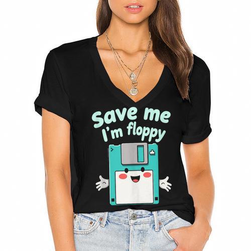 Floppy Disk Retro Tech Nostalgia Old School Computing Humor Women's Jersey Short Sleeve Deep V-Neck Tshirt - Figerry
