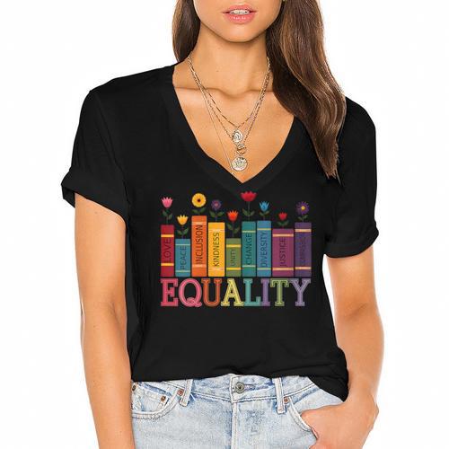 Floral Flower Book Equality Human Rights Women's Rights Women's Jersey Short Sleeve Deep V-Neck Tshirt				 - Bookorys AU