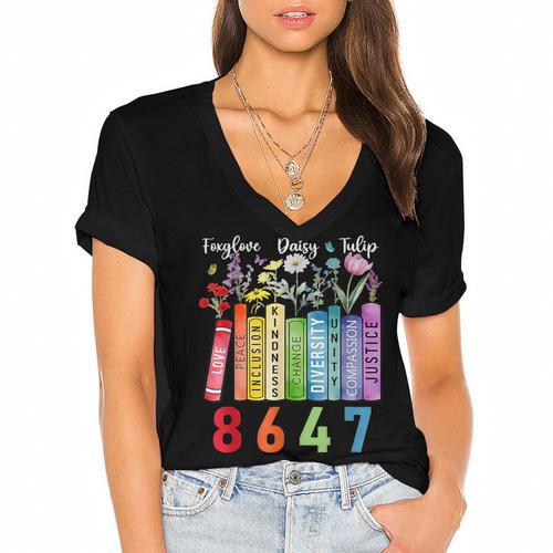 Floral Foxglove Daisy Tulip 8647 Books Lover Blooming Flower Women's Jersey Short Sleeve Deep V-Neck Tshirt - Bookorys