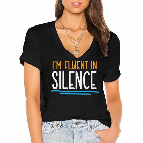 Im Fluent In Silence Introvert Women's Jersey Short Sleeve Deep V-Neck Tshirt - Raresse