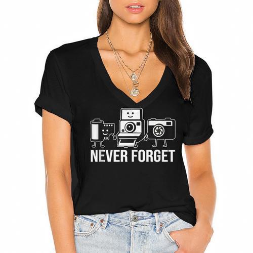 Never Forget Retro Camera Photography Nostalgia Women's Jersey Short Sleeve Deep V-Neck Tshirt - Figerry