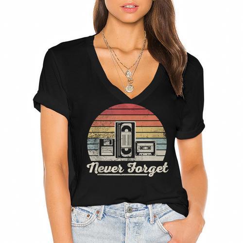 Never Forget Retro Nostalgia Vintage Cassette Women's Jersey Short Sleeve Deep V-Neck Tshirt - Figerry