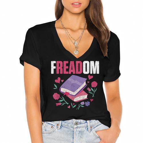 Freadom Anti Ban Books Freedom To Read Book Reading Women's Jersey Short Sleeve Deep V-Neck Tshirt				 - Bookorys