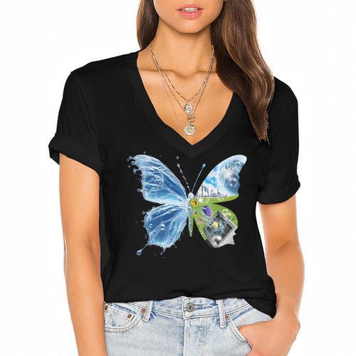 Frutiger Aero Aesthetic Butterfly Computer Fishes Scenery Women's Jersey Short Sleeve Deep V-Neck Tshirt - Figerry