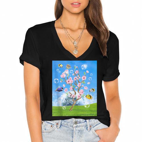 Frutiger Aero Aesthetic Tech Cherry Blossom Fishes Bubbles Women's Jersey Short Sleeve Deep V-Neck Tshirt - Figerry