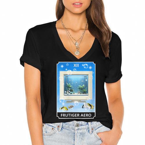 Frutiger Aero Aesthetic Tech Computer Aquarium Tarot Card Women's Jersey Short Sleeve Deep V-Neck Tshirt - Figerry