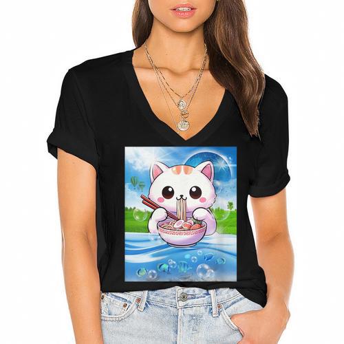 Frutiger Aero Aesthetic Tech Kawaii Ramen Cat Fishes Women's Jersey Short Sleeve Deep V-Neck Tshirt - Figerry