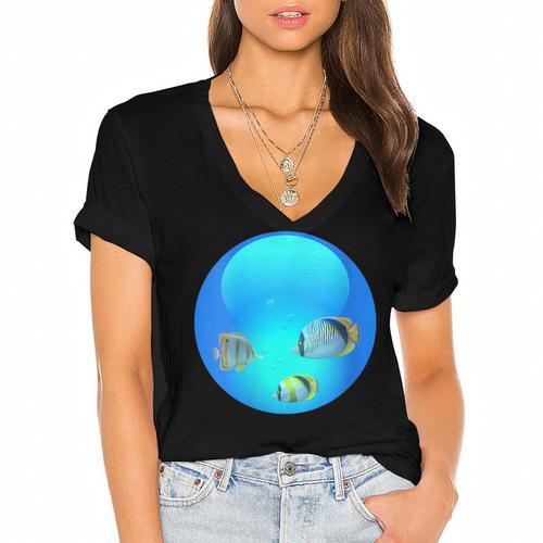 Frutiger Aero Aesthetic Tech Orb Fishes Women's Jersey Short Sleeve Deep V-Neck Tshirt				 - Figerry