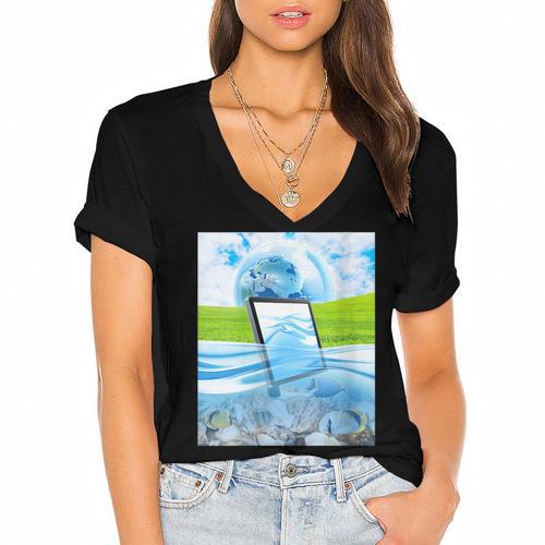 Frutiger Aero Aesthetic Tech Water Fishes Monitor Screen Women's Jersey Short Sleeve Deep V-Neck Tshirt - Figerry