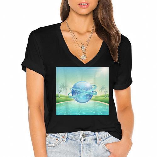 Frutiger Aero Y2k Aesthetic Palm Trees Cyber Beach World Women's Jersey Short Sleeve Deep V-Neck Tshirt				 - Figerry