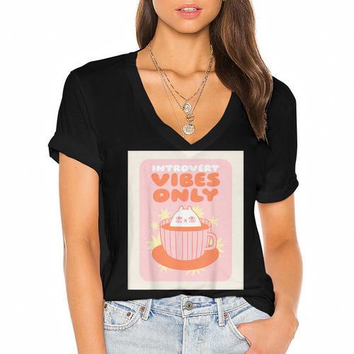 Fun Cool Cute Introvert Cat Character Quote Tea Cup For Men Women Women's Jersey Short Sleeve Deep V-Neck Tshirt				 - Raresse