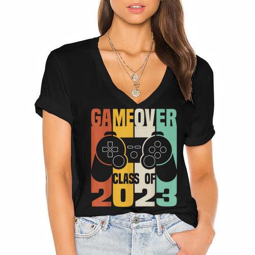 GAME OVER Class Of 2023 Video Games Vintage Graduation Gamer Women's Jersey Short Sleeve Deep V-Neck Tshirt				 - Best Gift Smart