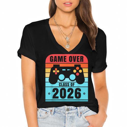 Game Over Class Of 2026 Shirt Students Graduation Women's Jersey Short Sleeve Deep V-Neck Tshirt				 - Best Gift Smart