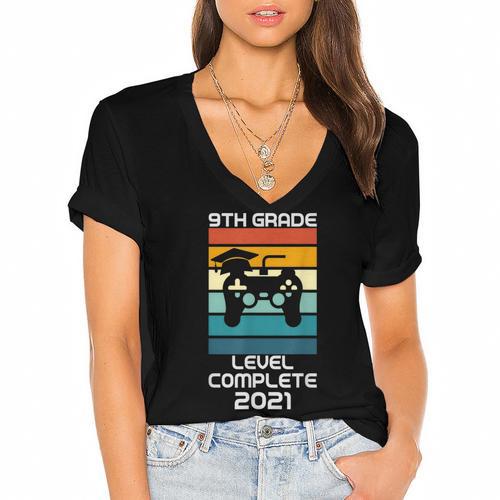 Gamer Graduation 2021 Retro 9th Grade Level Complete Women's Jersey Short Sleeve Deep V-Neck Tshirt				 - Best Gift Smart