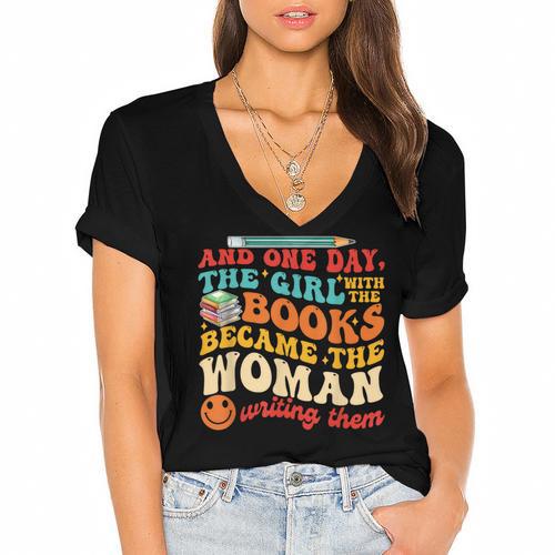 The Girl With The Books Became The Woman Writing Them Women's Jersey Short Sleeve Deep V-Neck Tshirt - Bookorys UK