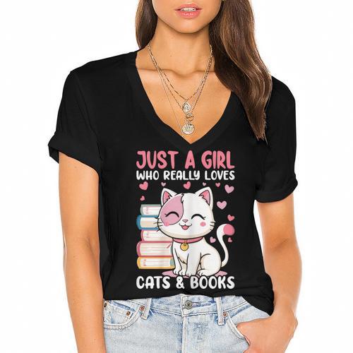 Girl Who Loves Cats And Books Cute Women's Jersey Short Sleeve Deep V-Neck Tshirt - Bookorys