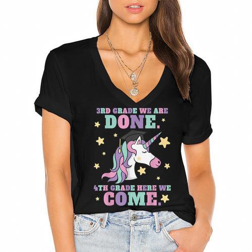 Girls 3rd Grade Graduation Magical Unicorn Women's Jersey Short Sleeve Deep V-Neck Tshirt - Best Gift Smart