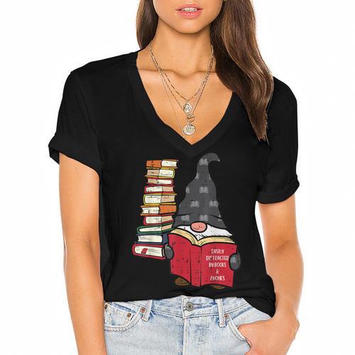 Gnome Read Reading Book Librarian Across America Women Kids Women's Jersey Short Sleeve Deep V-Neck Tshirt				 - Bookorys AU