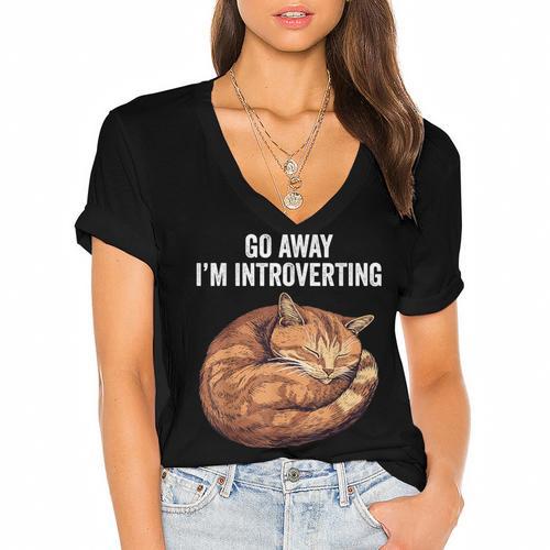 Go Away I'm Introverting Cat Introvert Men Women Girls Kids Women's Jersey Short Sleeve Deep V-Neck Tshirt - Raresse